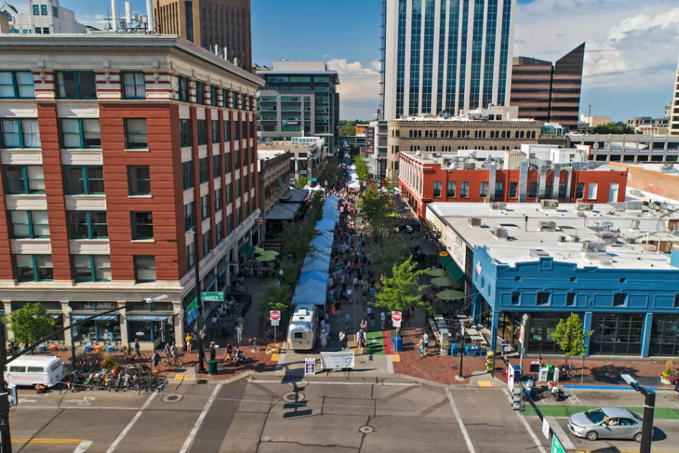 Aerial view of downtown Boise, Idaho street with street market